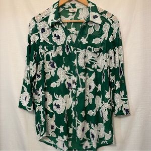 Ember Green and White Textured Floral Print Semi-Sheer Blouse Size Large